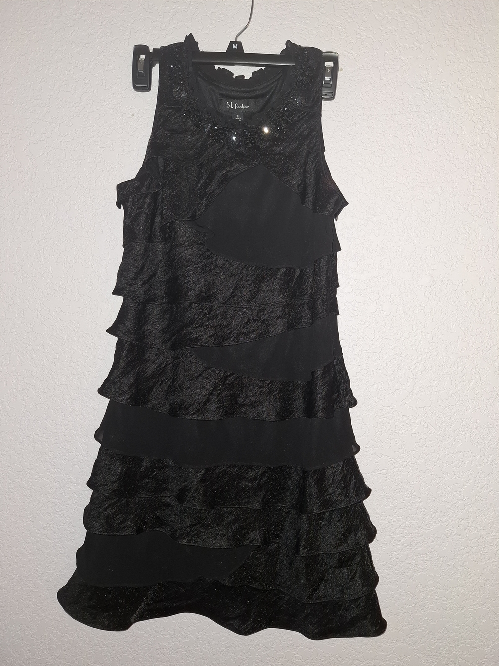 SL Fashions Black Tiered Ruffle Dress with Sequin Neckline